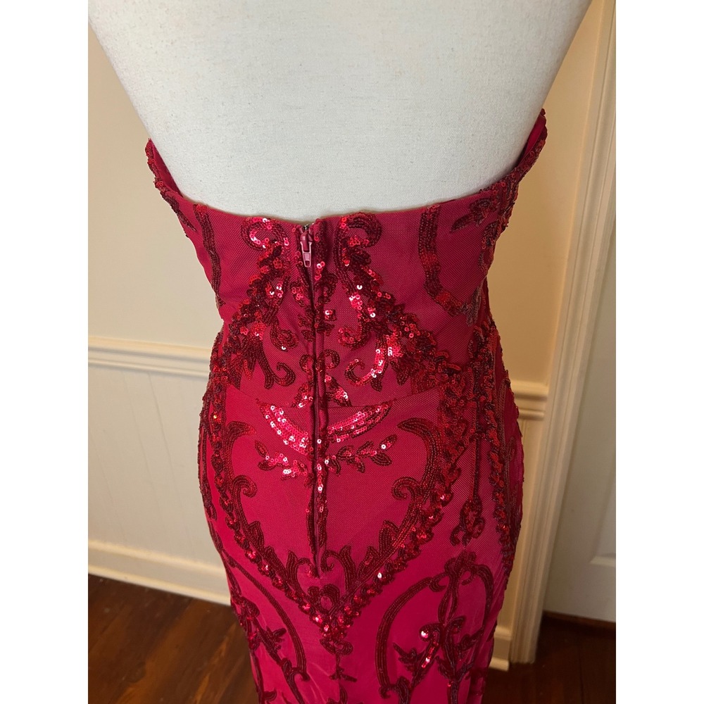 B. Darlin Red Sequin Halter Neck Formal Gown Damask Mermaid Maxi Dress Prom Gala - Picture 10 of 13